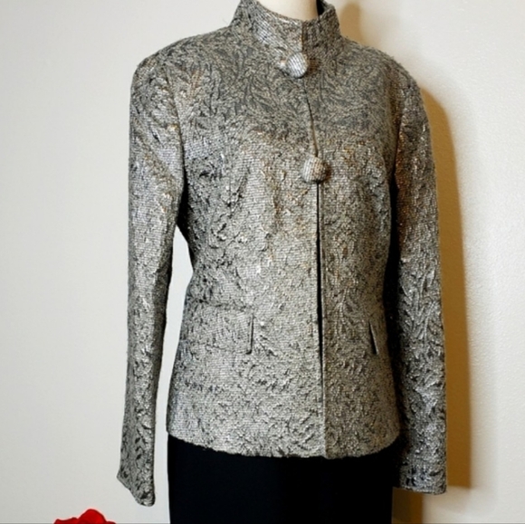 Lafayette 148 Silver Shimmer Mandarin Jacket Wool Luxury Asian Office Spring - Picture 1 of 15